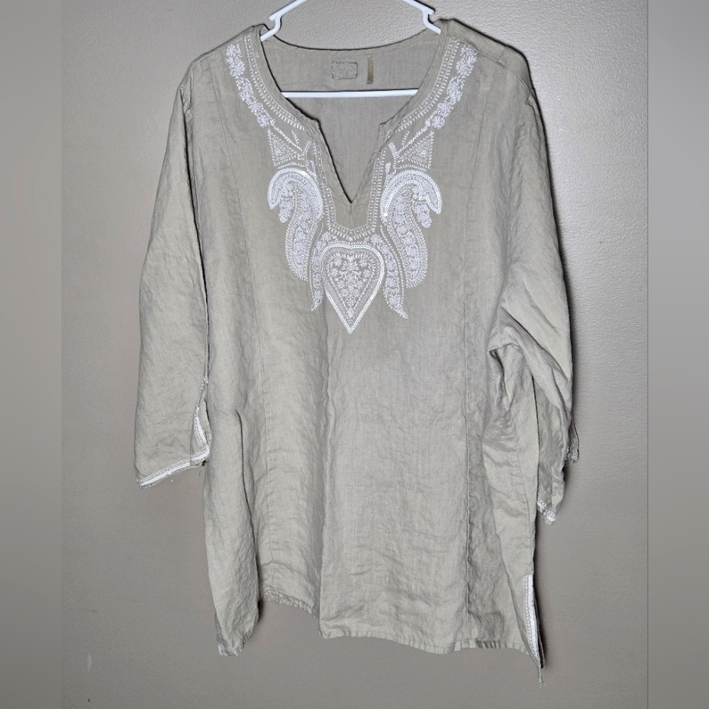 Women's Symple Boho Lagenlook 100% Linen‎ Sequin V-Neck Tunic, Size 2X